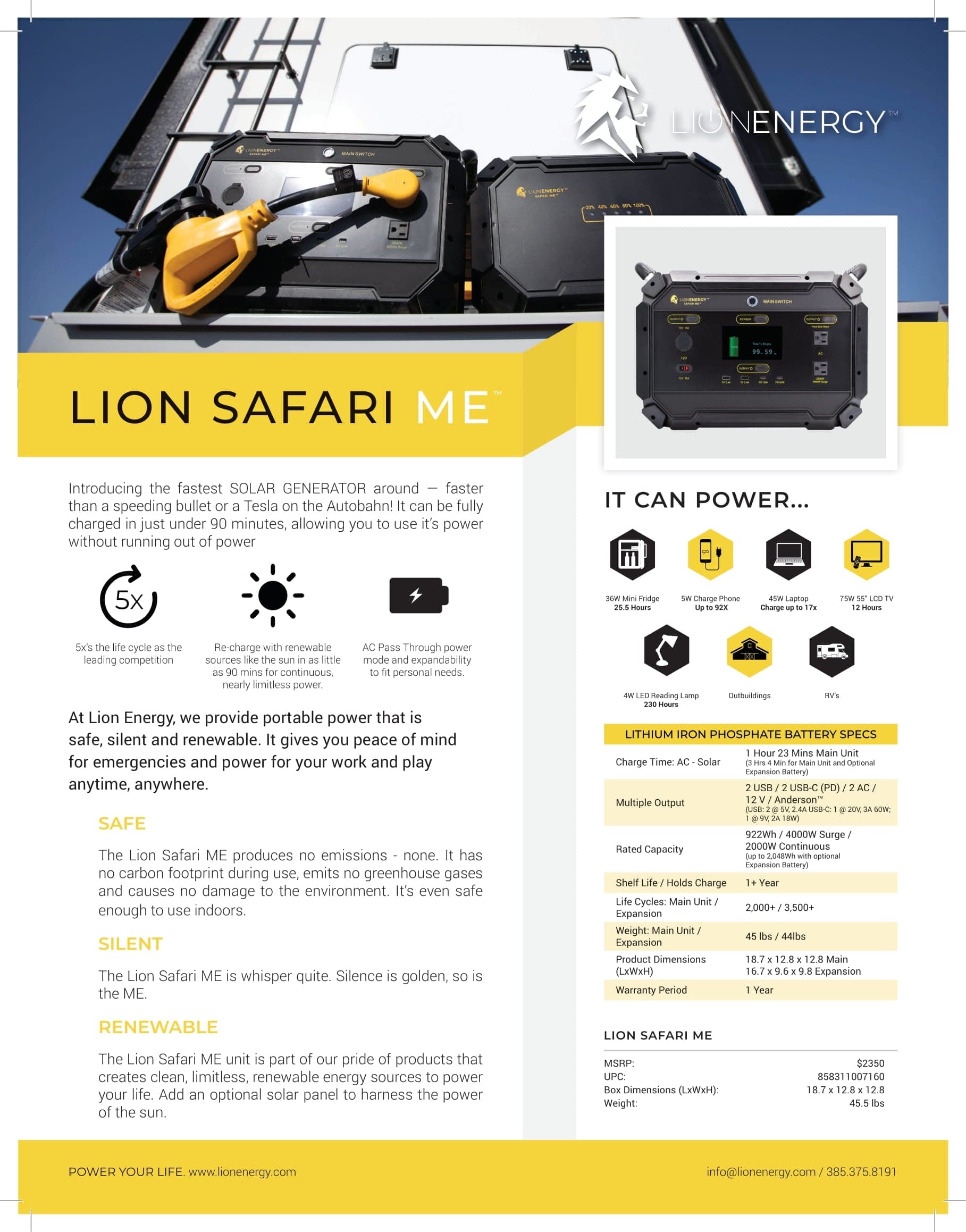 Lion Energy Safari ME Portable Generator, 922Wh LiFePO4, 2000W AC, 2 USB-A, 2 USB - C / PD 60W Portable Power Lion Energy   